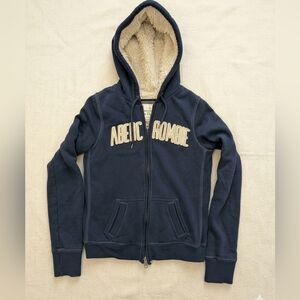 Vintage Abercrombie & Fitch Navy Hoodie with Cream Faux Fur Lining